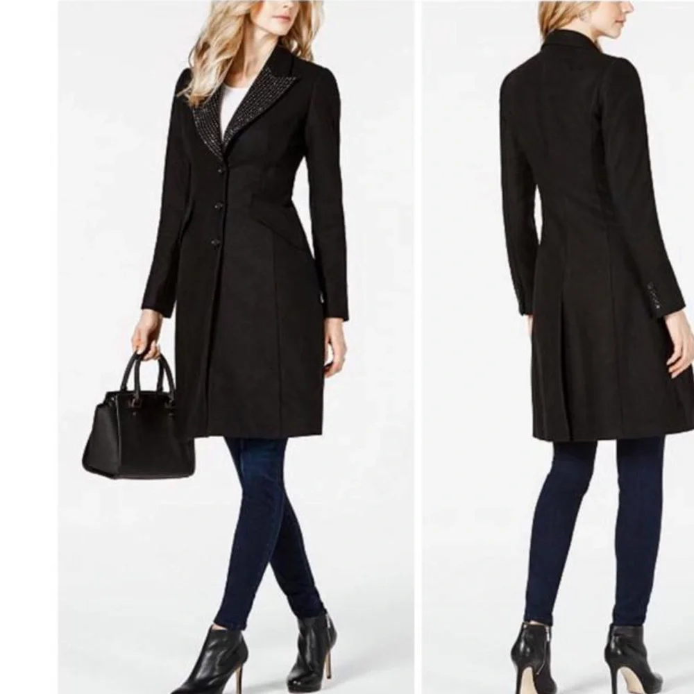 MICHAEL Michael Kors Black Studded Lapel Wool Elegant Coat